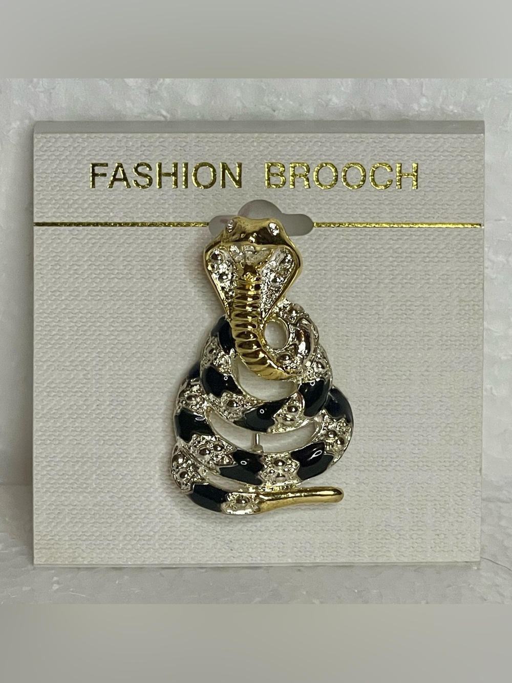 Serpent Cobra Snake Brooch Pin Black Gold Tone Rhinestone Eyes Costume Jewelry